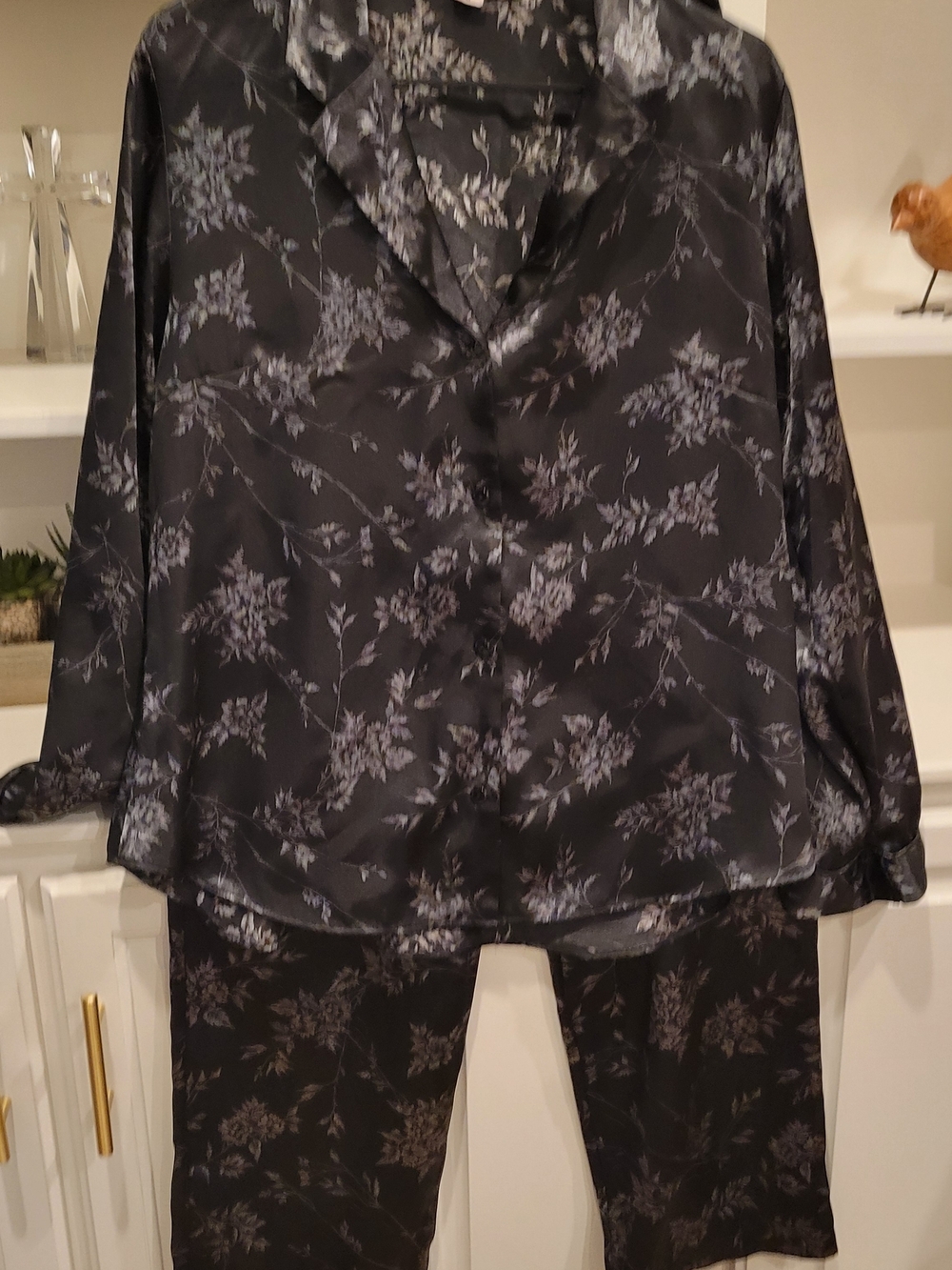 Victoria's Secret Black Satin Floral Pajama Set with Gray Print